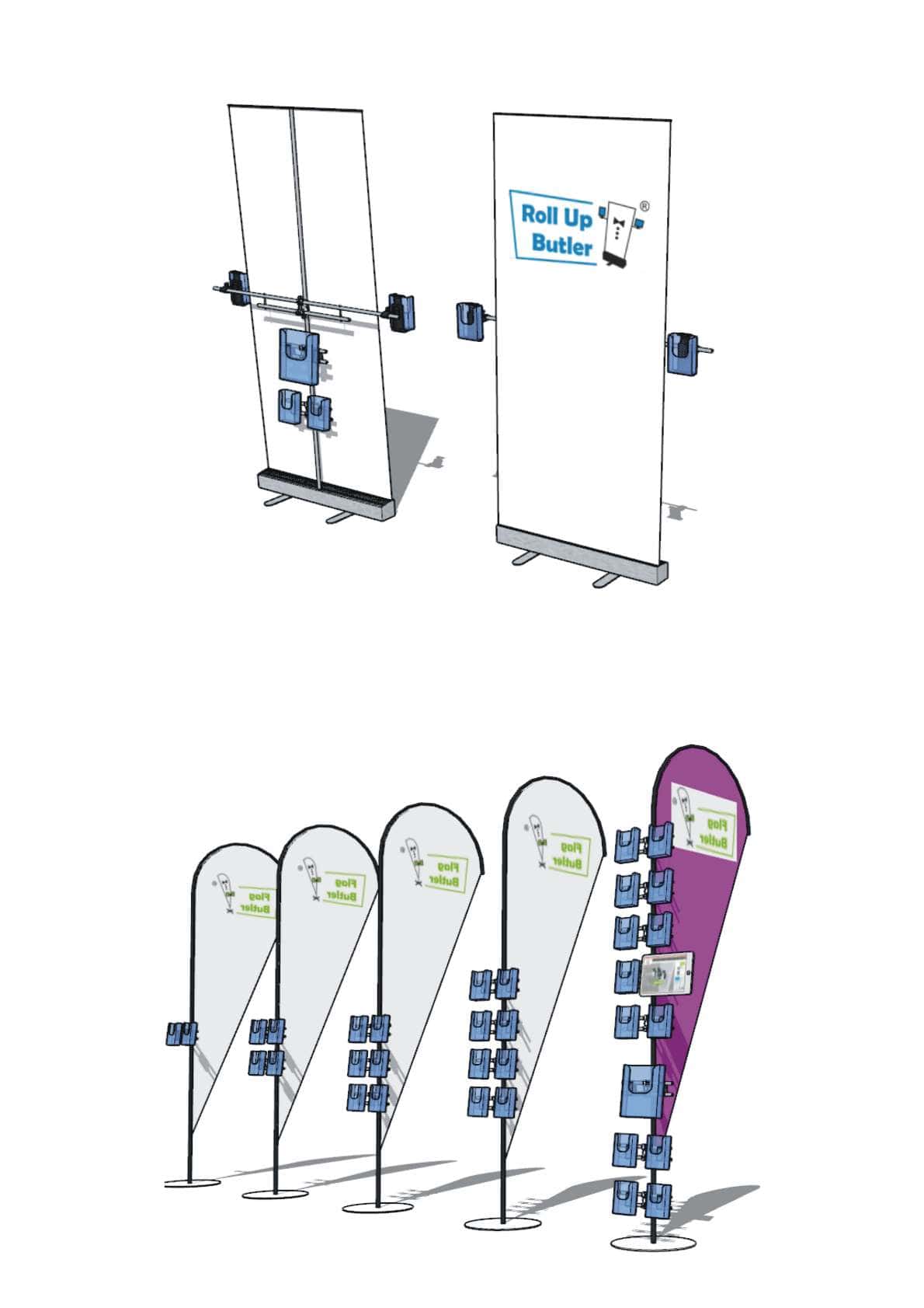 Systembutler: RollUp Butler und Flag Butler machen Rollup und Beachflag zum Prospektständer