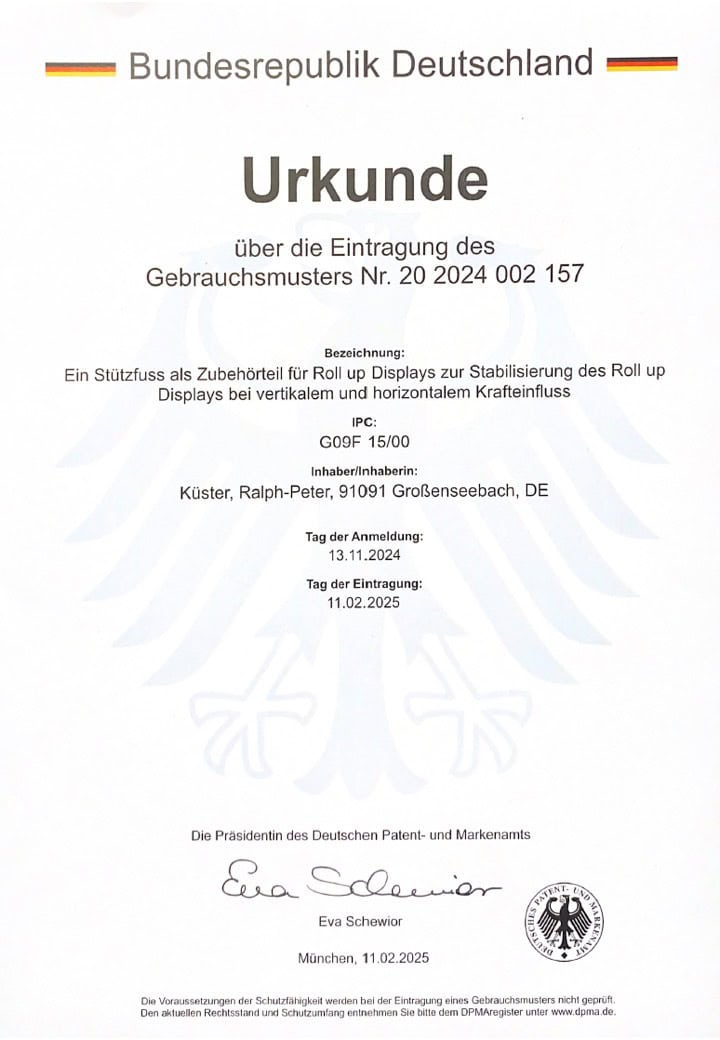 Neuheit Messebedarf: Der Stützfuss für Roll ups